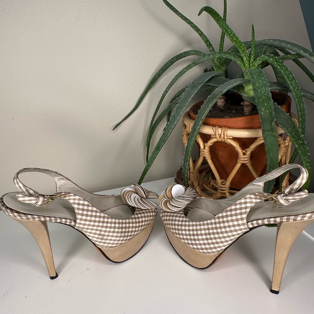 Stuart Weitzman Gingham Slingback Heels 7M | Platform Peep Toe Floral Bow - Picture 4 of 14